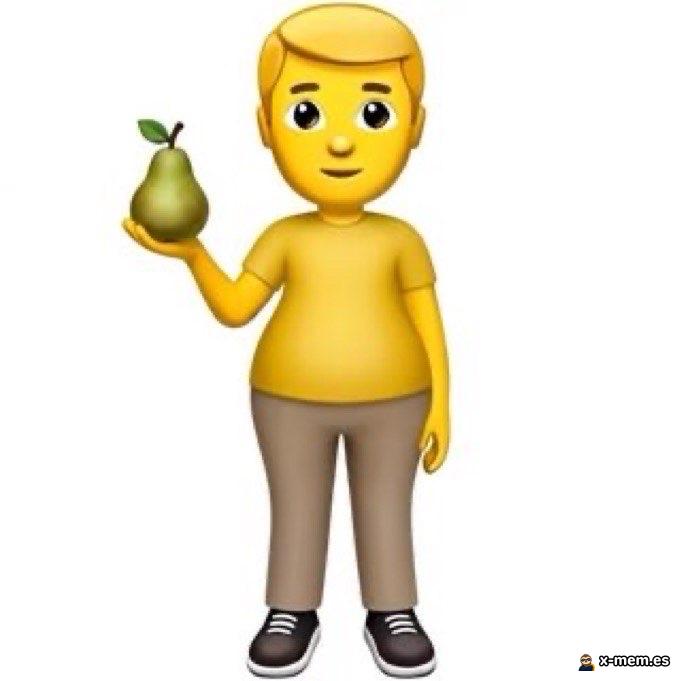 L’emoji homme blond en t-shirt jaune tient une poire verte dans la main gauche sur fond blanc.