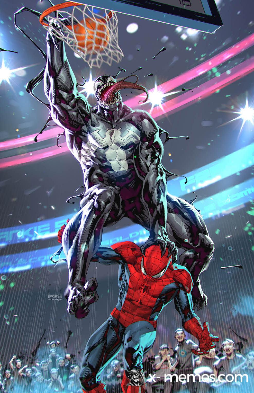 Mème : Venom dunk sur Spiderman au basket