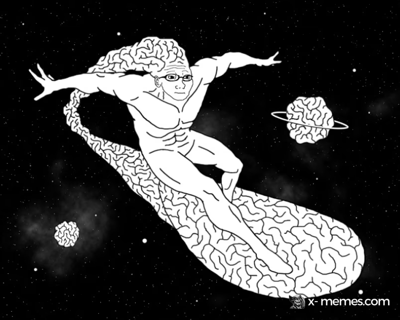 Mème : Wojak surfe dans l'espace sur son gros cerveau