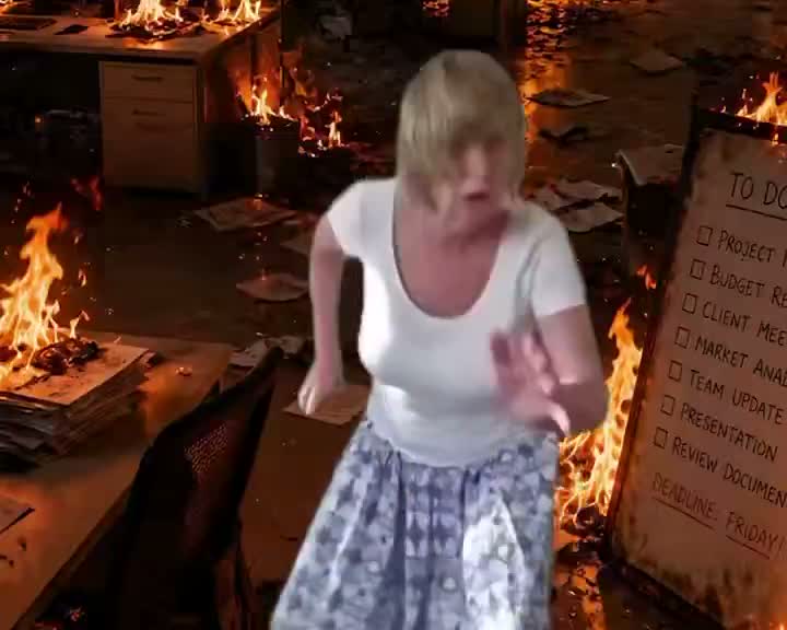 Mème : Dame qui court partout - Bureau en feu