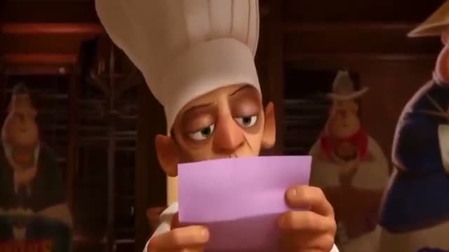 Le chef Skinner de Ratatouille lit une lettre violette dans la cuisine puis écarquille les yeux en découvrant son contenu.